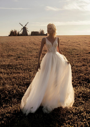 Ivory Glitter Lace Tulle Modern Wedding Dress